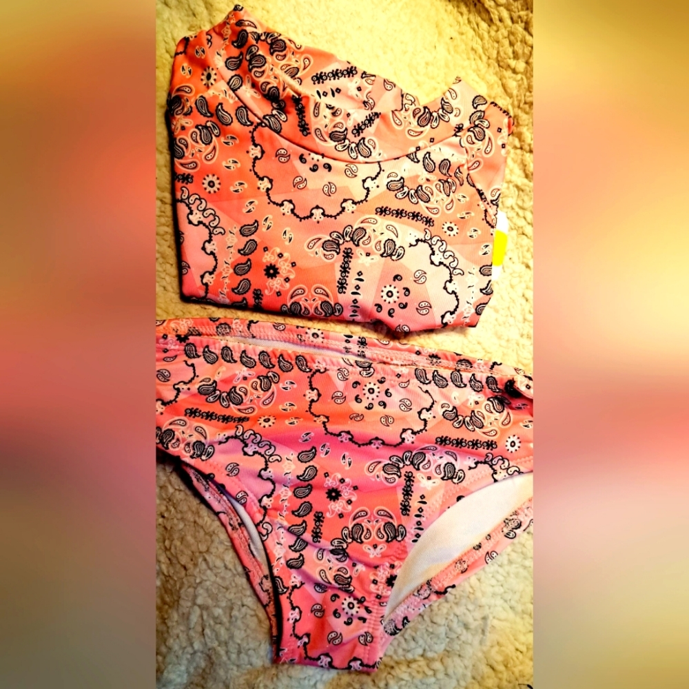 Kids Girl Paisley Print Two Pieces Swimwear, Pink, Sun 50+ Protection Fabric 8